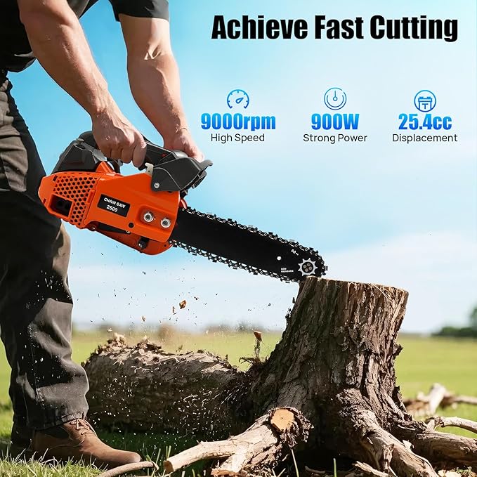 Gasoline Chainsaw, 25.4CC 2-Stroke 900W 12 Inch Gas Powered Chainsaw Handheld Gasoline Chainsaws Single Cylinder Air-cooled Cordless Petrol Chain Saws for Wood Cutting Tree Stump Trimming