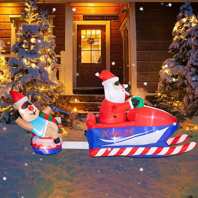 8.5 FT Christmas Inflatables Outdoor Decorations, Funny Christmas Inflatables Santa Claus and Elk Sits on a Snowmobile Blow Up Yard Decorations with Built-in Lights for Yard Lawn Garden Party Decor