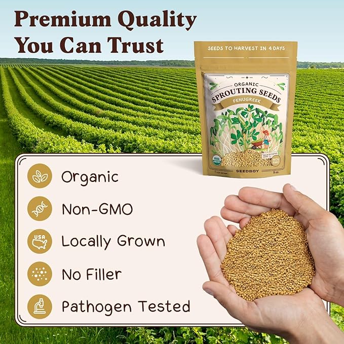 Organic Fenugreek Seeds for Sprouting - Non-GMO, USA Grown Fenugreek Microgreens Sprouting Seeds Mix - Makes 8 Quarts of Sprouts, 24 Servings (8 oz) (Fenugreek)