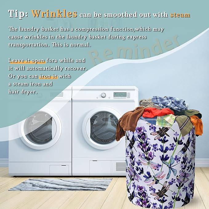 Dragonfly Laundry Basket Foldable With Handles Purple Floral Tote Bag Oxford Cloth Colorful Laundry Hamper Clothes Storage Bucket Toy Organizer For Bathroom/Laundry/Bedroom 18.9" x 16.5 "