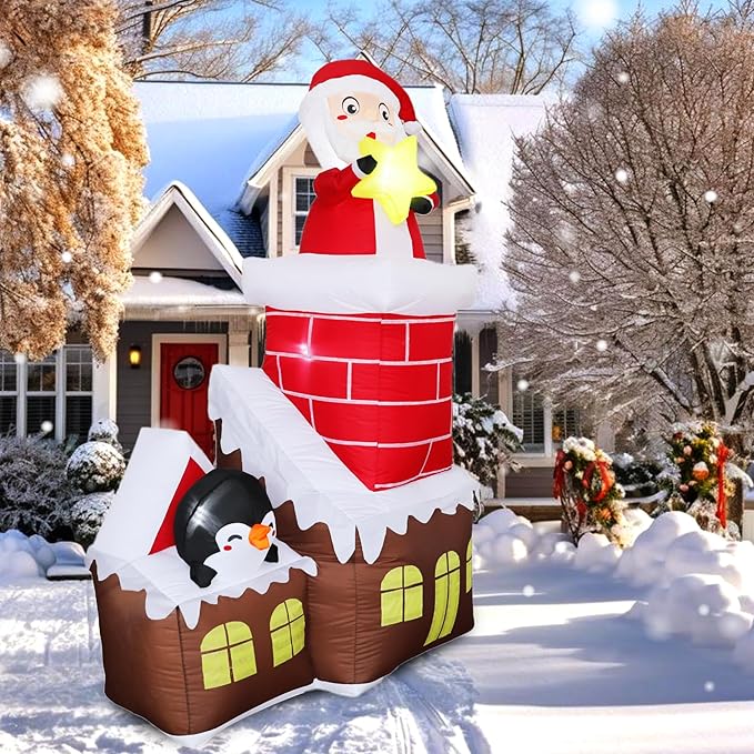 DearSun 7FT H Lovely Christmas Inflatable Santa in The Chimney of Candy House with Penguin&Star Decorations, Blow up Christmas House with Build-in LED Lights Indoor Outdoor Holiday Decoration