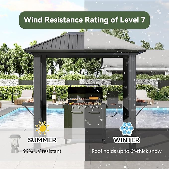 Aoxun Grill Hardtop Gazebo 5 x 8 FT, Outdoor Metal Hard Top Gazebo, Permanent BBQ Pavilion with Galvanized Steel Roof, Aluminum Pavilion with Shelves for Lawn, Garden, Patio, Backyard (Dark)
