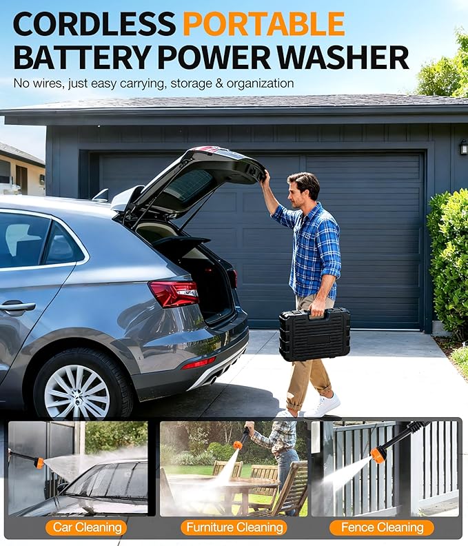Cordless Pressure Washer Battery Operated, 500 PSI Cordless Power Washer with 6-in-1 Nozzle & Foam Cannon, Handheld Pressure Washer with Triple Water Source & 16FT Hose for Car, Home, Yard