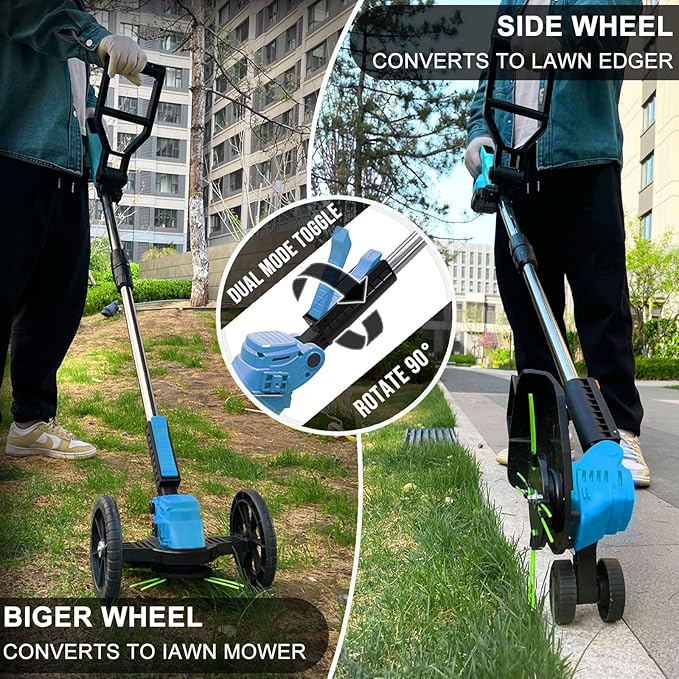 Cordless Weed Wacker Eater Battery Powered, 21V Lightweight Electric Weed Trimmer with 2 Battery Operated & Charger& Wheels & Shears, No-String Grass Trimmer/Brush Cutter/Lawn Edger for Yard Garden