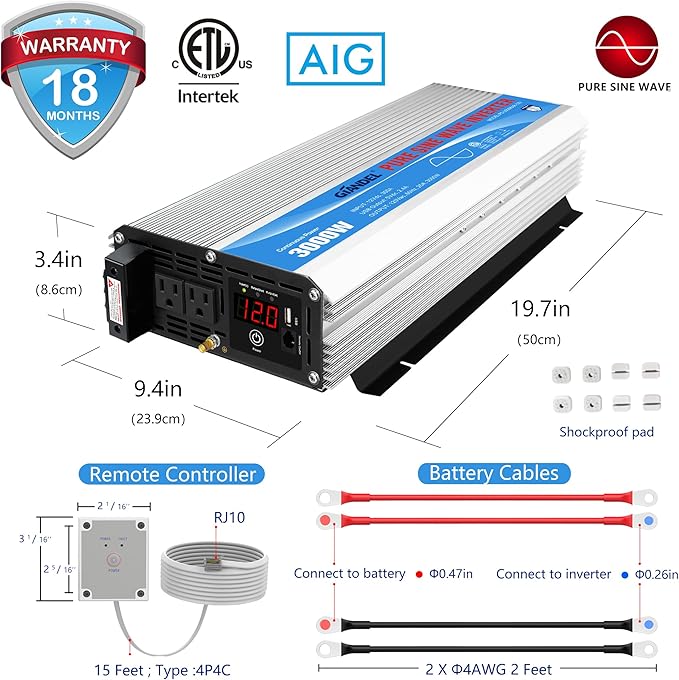 3000Watt Pure Sine Wave Inverter 3000W 12V DC to 110V 120V AC ETL Listed UL458 STD Lithium Battery Compatible with Terminal Block 40Amps and 30FT Wired Remote to Run A/C for RVs Campers,Off Grid Solar