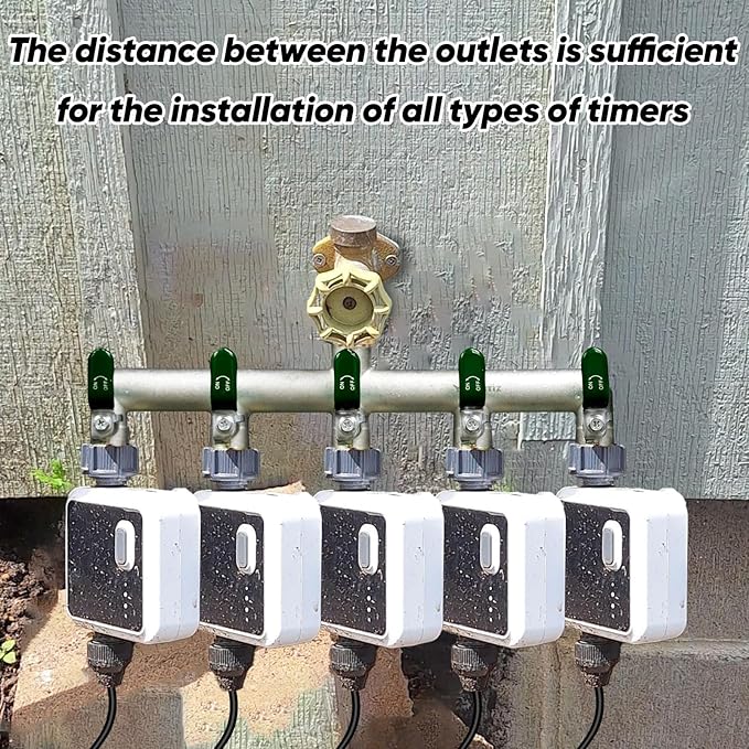 5 Way Garden Hose Splitter, Heavy Duty Brass Nickel Plated Rust Resistant Faucet Manifold, 3/4" Frost Resistant Outdoor Hose Adapter Connector，Hose Spigot Adapter with 5 large Green handles