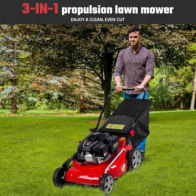 3 in 1 Self-Propelled Lawn Mower, 18 Inch 131cc Gas Powered Walk Behind Mower with Mulch/Side Discharge/Rear Bag, Rear Wheel Drive for Yard & Garden Red