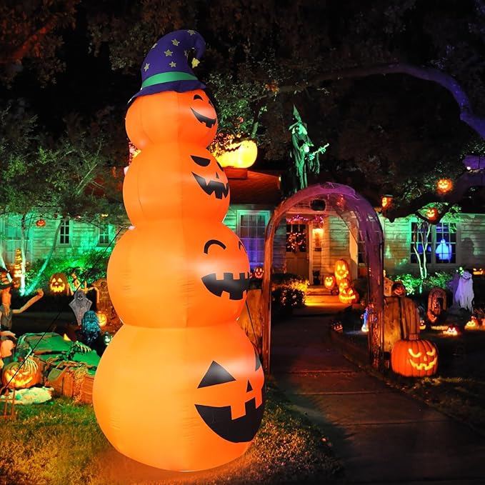 DearSun 12FT H Giant Halloween Inflatable Stacked Pumpkins with Witch's Hat, Blow up 4 Pumpkins Inflatable with Build-in LED Lights Outdoor Decorations Large Party Yard Decoration