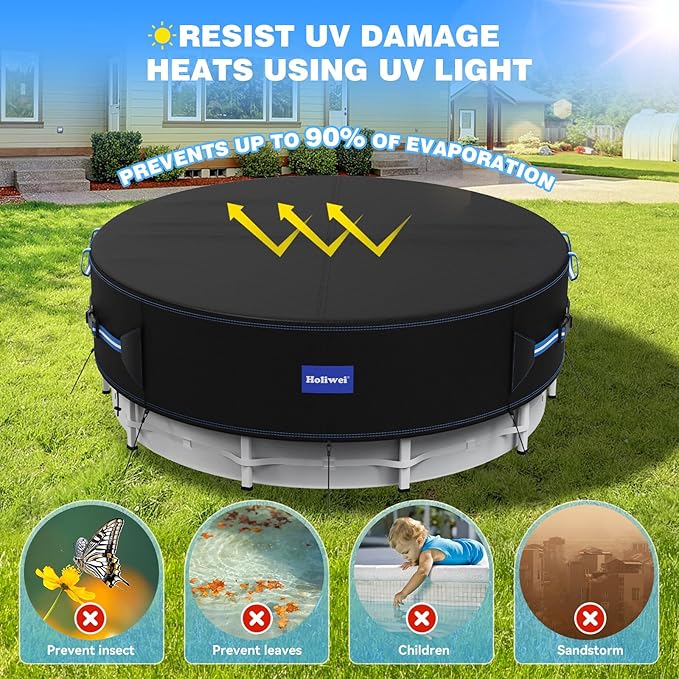 21 Ft Round Pool Cover with Reflective Strips, 420D Swimming Pool Cover for Above Ground Pools, Solar Cover with Drawstring and Ground Nails for Dustproof, UV Protected