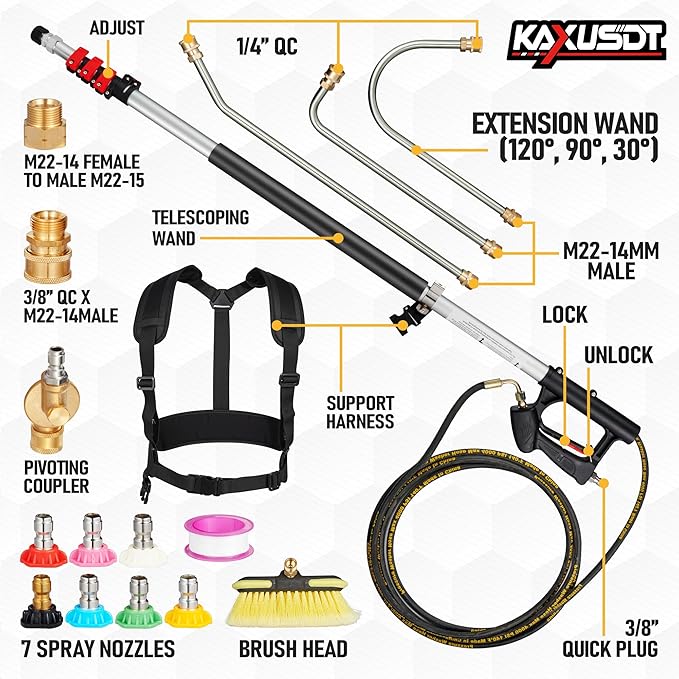 24FT Pressure Washer Telescoping Extension Wand, 𝟐𝟎𝟐𝟓 𝐔𝐩𝐠𝐫𝐚𝐝𝐞𝐝 High Power Accessories with Brush Head & 3 Wand, 7 Spray Nozzle Tips, 4000PSI Gutter Cleaning Tools for Wall Window Soffit