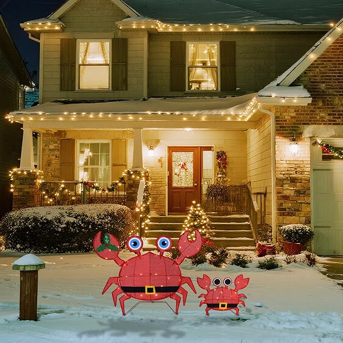 Prsildan Outdoor Christmas Decorations - Set of 2 LED Lighted Crab Yard Decor, 2D Battery Operated Holiday Lawn Figures for Porch, Garden, Home, Xmas Party Decor (Red)