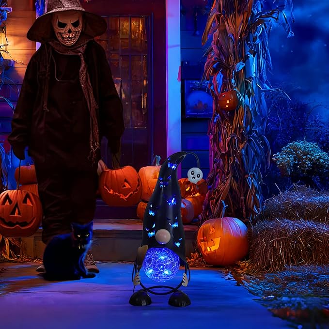 Halloween Decorations Outdoor Solar Lights Gnome, Color Changing LED Lights with Jack-O-Lantern Hollowed-Out Hat, Spooky Halloween Decor for Garden, Patio, Yard, Pathway (Black)
