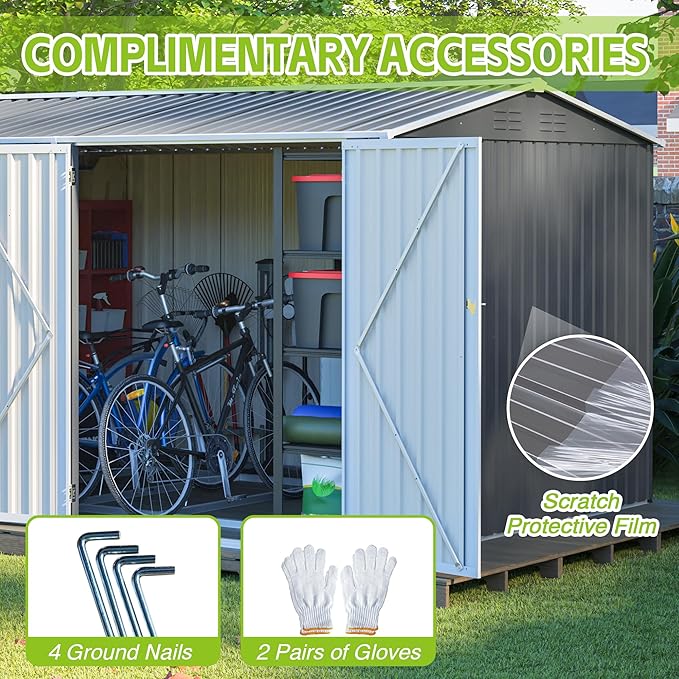 8x12 FT Storage Shed Outdoor, XL Heavy-Duty Steel Building with Window – Features Hinged Gray Doors & 4 Air Vents for Backyard, Garden, Patio, with Floor Frame (Gray)