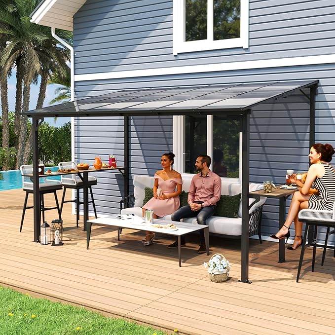 MEISSALIVVE 8' x 12' Wall Mounted Gazebo, Outdoor BBQ Grill Gazebo with Side Shelf, Lean to Metal Awnings with Sloped Roof, Heavy Duty Pergola for Backyard, Deck, Black