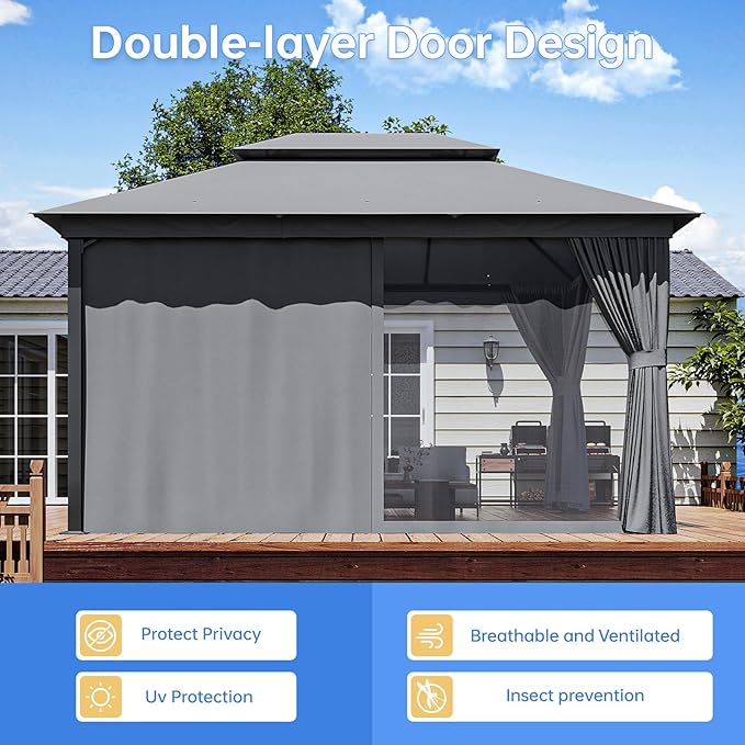 Outdoor Gazebo Metal Frame Patio Pergola Double Roofs Patio Canopy with Double-Layer Door and Mosquito Netting for Deck, Backyard, Lawn (Grey, 10x13FT)