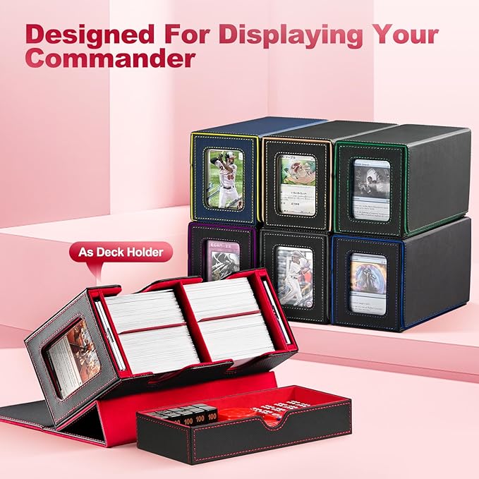 Card Deck Box for MTG, Double Card Storage Box with 2 Commander Display & 1 Dice Tray, Fits 200+ Double Sleeved Cards, Card Organizer for CCG TCG Sports Cards (Black Red)