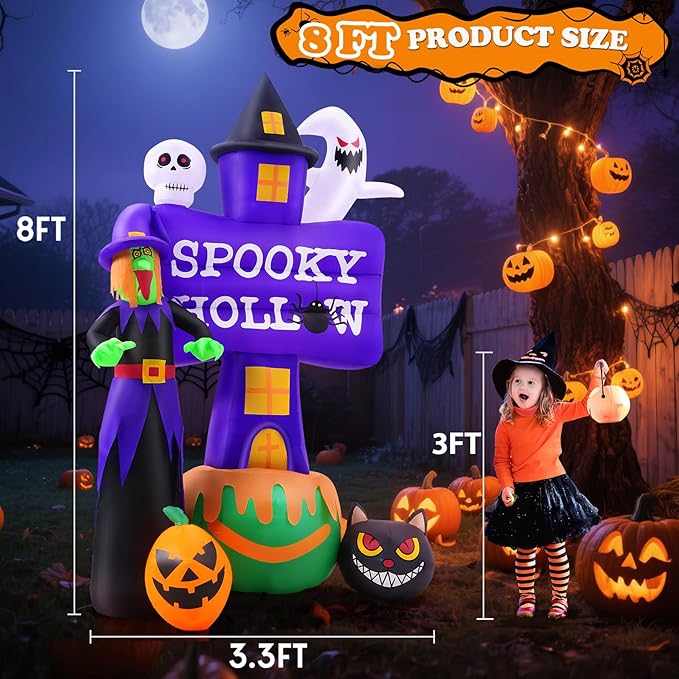 Whubefy 8FT Halloween Inflatable Outdoor Decoration Witch Ghost Tombstones Combo, Skull Cat Halloween Decor with LEDs, Blow Up Halloween Decorations Outdoor Inflatable Pumpkin for Yard Garden Indoor