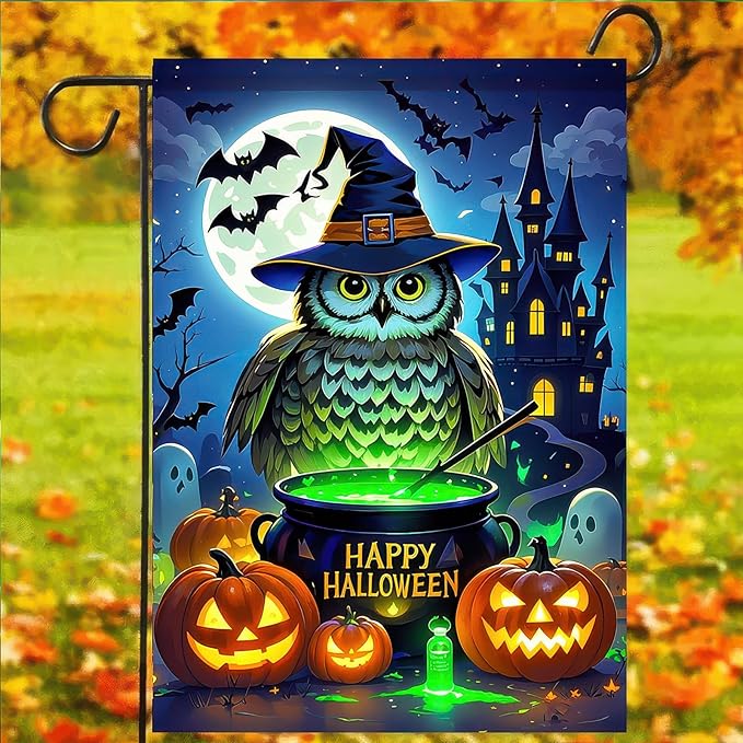 Garden Flags 12x18 Inch Halloween Garden Flag Fall Flags for Outside Vertical Double-Sided Owl Witch Cauldron Pumpkin Haunted Castle Outdoor Holiday Yard Banner for Porch Lawn Decoration