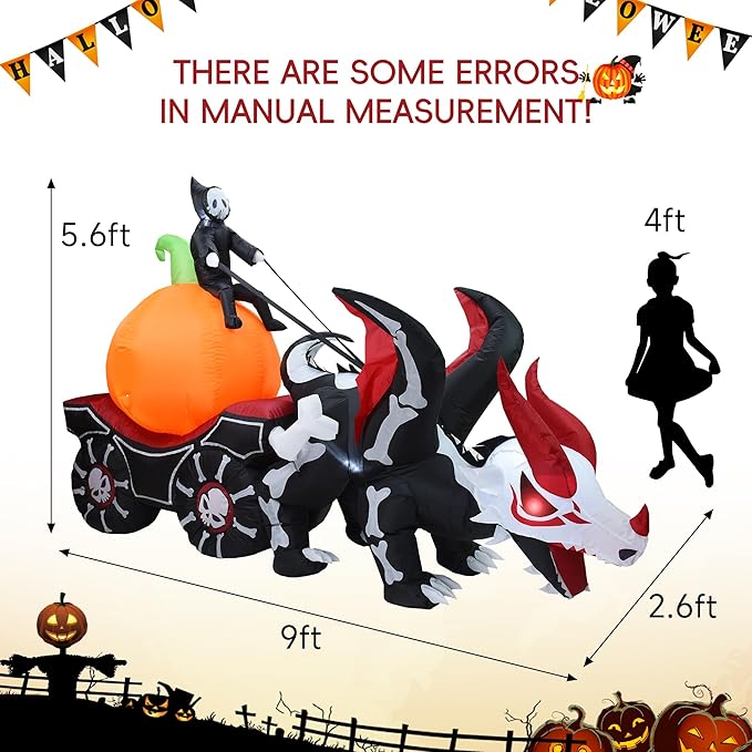 DearSun 9FT L Halloween Inflatable Carriage, Grim Reaper Sits on Pumpkin and Drives Skeleton Dragon Carriage with Build-in LED Lights, Blow up Halloween Inflatable Outdoor Decorations