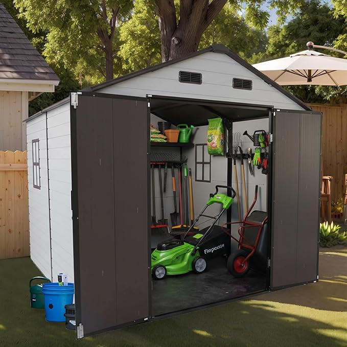 LANTRO JS Outdoor Storage Shed, 8x8x7.6FT Plastic Storage Shed with 2 Windows and Strong Aluminum Frame for Garden Tools, Bike, Lawnmower, White and Brown