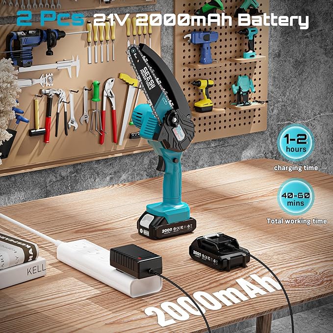SEESII Mini Chainsaw 6 inch,Cordless Chainsaw w/ 2x2000mAh Batteries,Oiler System & Replacement Chain,Handheld Electric Chain Saw w/Safety Lock,Battery Powered Chainsaw for Wood Tree Cutting, CH600+