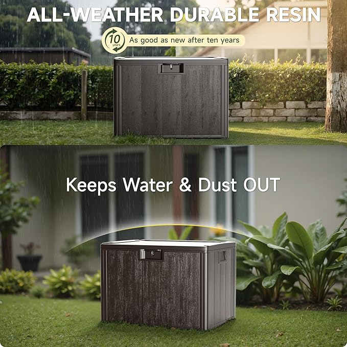 40 Gallon Resin Deck Box, Double Layer Waterproof & Outdoor Indoor Lockable Storage Box for Patio Furniture Cushions Garden Tools (Brown)
