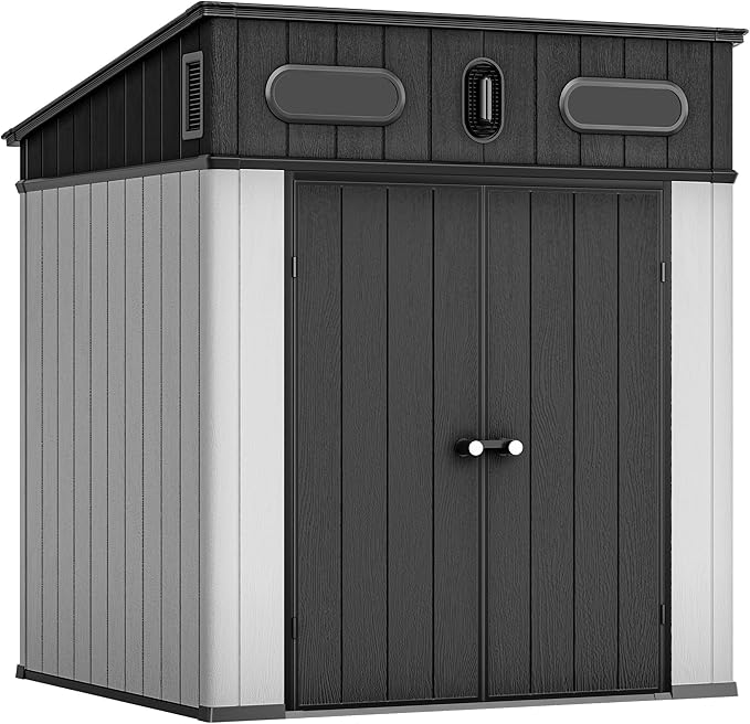 YITAHOME 6x6 FT Outdoor Storage Shed, All-Weather Resin Garden Shed with Windows, Vents and Lockable Double Doors for Garden Tools, Bikes, and Sundries, Waterproof，Gray