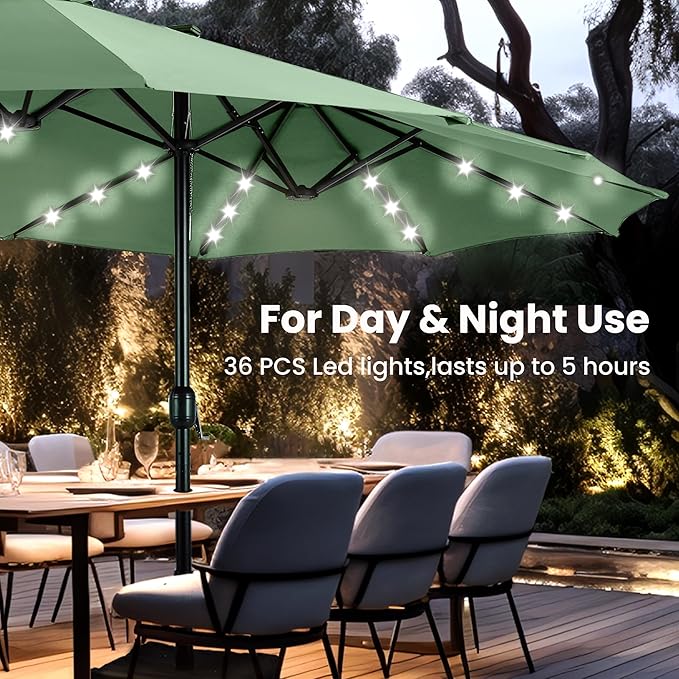 PHI VILLA 15ft Large Patio Umbrella with Solar Lights, Double-Sided Outdoor Market Rectangle Umbrellas with 36 LED Lights, Umbrella Base (Stand) Included, Mint Green