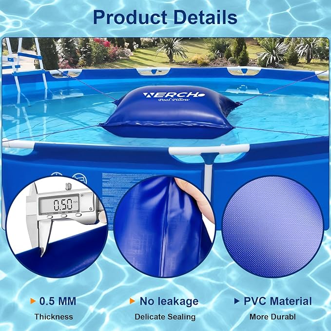 Pool Pillow for Above Ground Pool, 4 x 4 FT Pool Pillow for Winterizing Ultra Thick & Cold-Resistant 0.5mm PVC Material Pools Winterizing Kit（2x16FT Rope）