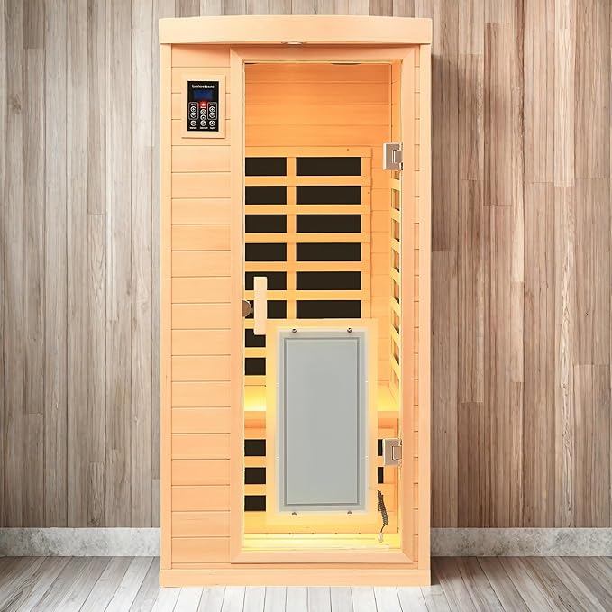Infrared Sauna for 1 Person Hemlock Far-Infrared Single Person Indoor Sauna with LCD Display, Touch Control Audio System, LED Reading Light, Natural