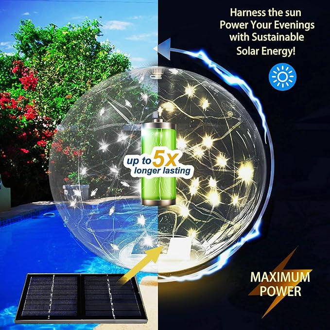 Solar Powered Floating Pool Lights - 14" Inflatable Waterproof Floating Light UP Pool Glow Balls, 3000K Warm-White Led Pool Lights That Float for Party Decorations, Outdoor Patio Detor (4)