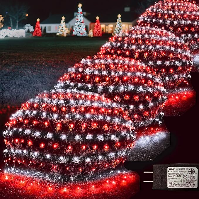 Christmas Net Lights Outdoor, 360 LED 21ft x 5ft Large Net Mesh String Lights 8 Modes, Twinkle Lights Connectable Plug in for Bushes Halloween Hedge Yard Garden Party Decor, Red and White