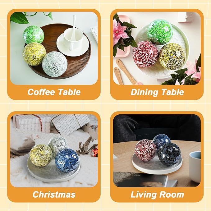 Gold 3.35 Inch Glass Balls Decorative for Bowls Crack Mosaic Orbs Solid Spheres Ball Round Globe Vase Filler Coffee Table Decor Modern Wedding Party 3 Pcs