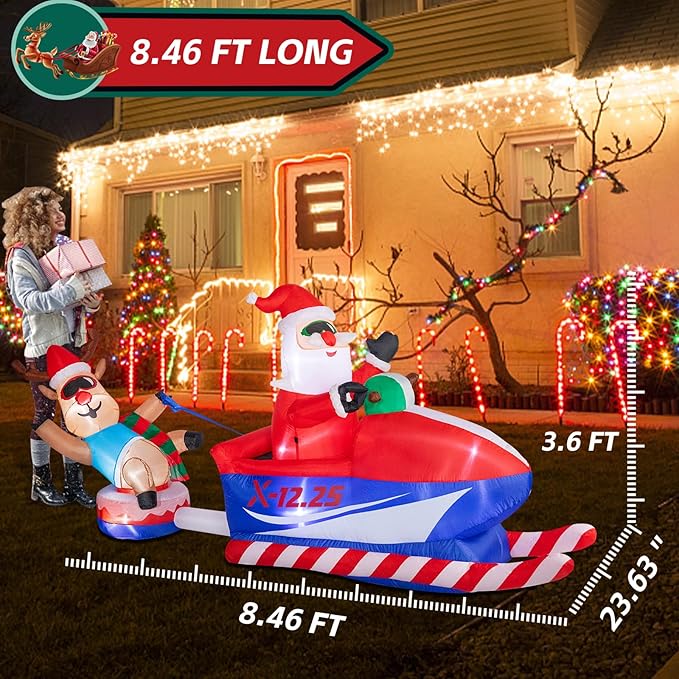 8.46 FT Christmas Inflatables Outdoor Decorations Christmas Blow Up Snowmobile Santa Claus and Reindeer Sleigh with LED Light for Lawn Garden Holiday Party Yard Xmas Decor