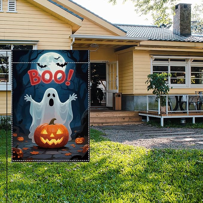 Halloween Boo Garden Flag Scary Ghost Bat Fall Pumpkins Halloween Themed Holiday Party Outside Outdoor Lawn Decorations Yard Flag Double Sided 12x18 Inch