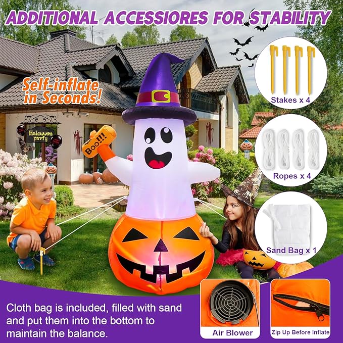 5FT Halloween Inflatables Decorations Outdoor Pumpkin Ghost with Multi-Color Flashing Build-in LED Blow Up Yard Decor Inflatables Clearance for Halloween Party Indoor Outdoor Yard Garden Lawn