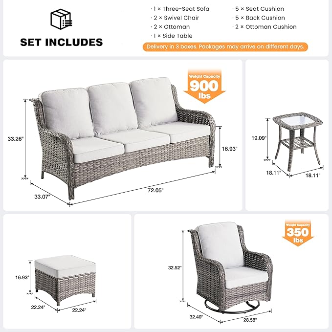 ovios 6 Pieces Patio Furniture Set, Outdoor Wicker Sofa Couch with Swivel Chairs Ottomans Comfy Cushions, High Back All Weather Modern Conversation Sets, Grey Rattan, Grey