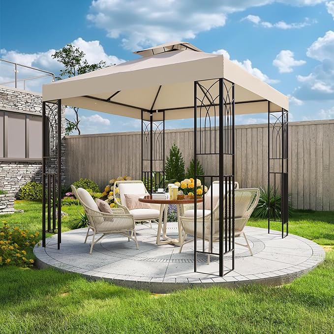 COOS BAY 8x8 Outdoor Patio Gazebo with Corner Shelves, Two-Tier Soft Top Canopy for Backyard, Lawn, Deck and Garden, Beige