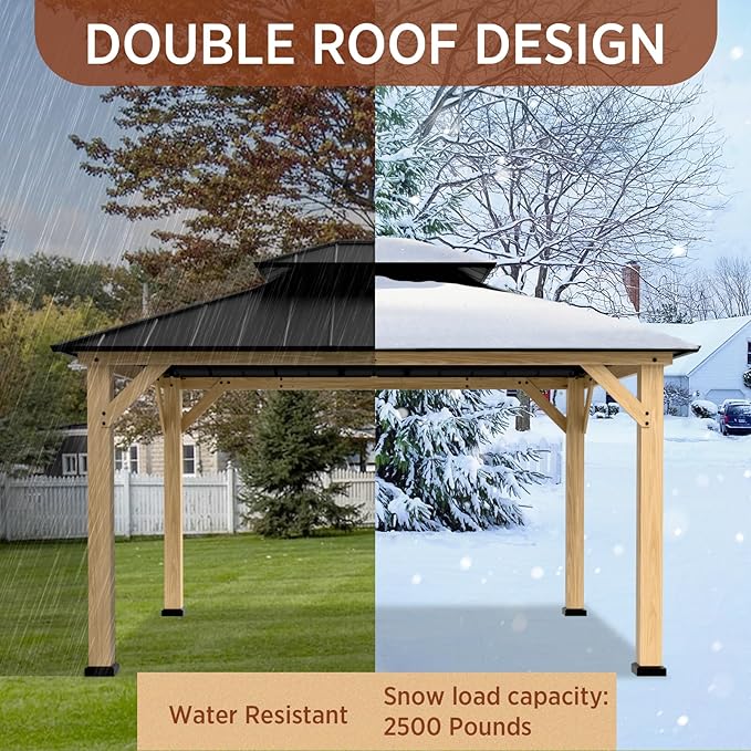 COOS BAY 11x13 Hardtop Gazebo with Cedar Wood Frame, Galvanized Steel Double Roof Outdoor Pavilion for Garden, Lawn, Poolside, Patio, Deck, Natural Wood/Black