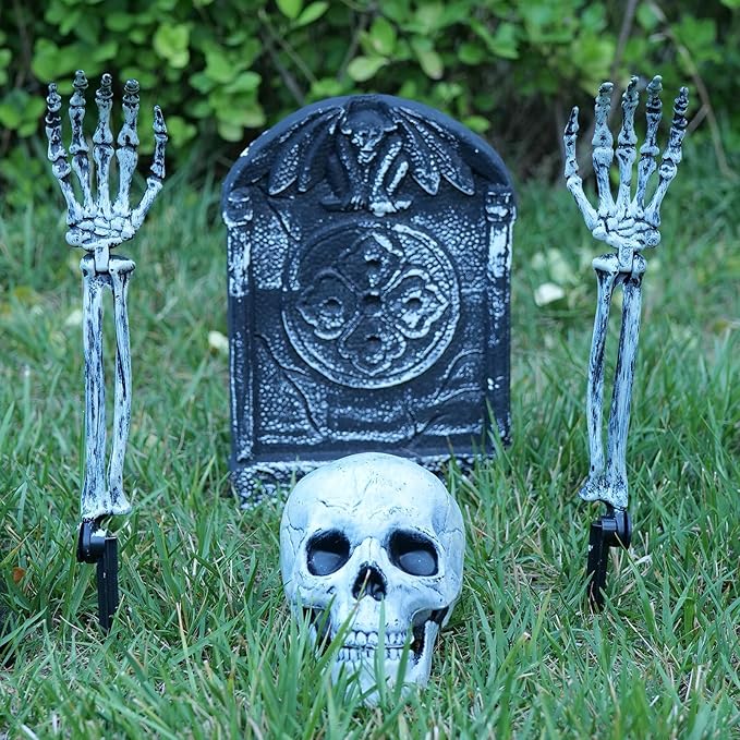 Halloween Lighted Skeleton Set, Skull Arms Stakes with 2 Blue 3 m LED Lights & 2 Green 3 m LED Lights (3 Modes), Realistic Halloween Decoration for Outdoor Garden Yard Graveyard
