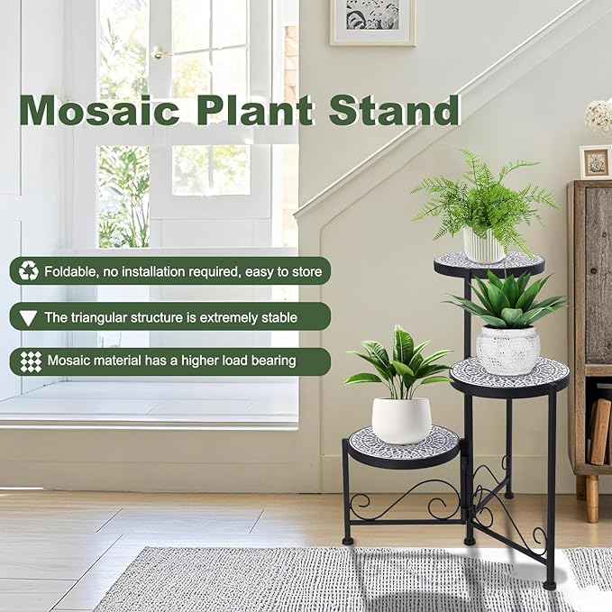 3 Tier Mosaic Plant Stand Foldable Corner Shelf for Indoor Outdoor Tall Plant Holder Display Rack for Patio Balcony Living Room Garden Decor
