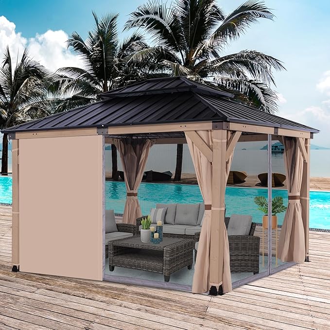 CHARMELEON Hardtop Wood Gazebo 10x12 ft – Cedar Wood Frame Gazebo with Double Metal Roof – Outdoor Wooden Gazebos Pavilion for Patio, Backyard and Deck – Frosted Black Top & Grayish Brown Frame