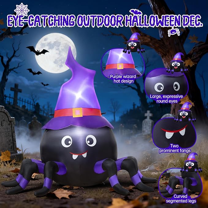 5FT Halloween Inflatable Spider with Witch Hat Outdoor Decoration, Blow Up Yard Inflatable Decorations with Built-in LED Lights for Garden/Lawn/Holiday/Home Party Decor