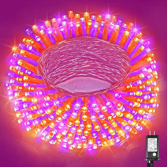 Vivideal 300 LED Halloween Lights Outdoor, 100ft Halloween String Lights Indoor Clear Wire 8 Modes Waterproof Plug in Christmas Light for Tree Party Garden Decorations, Purple&Orange