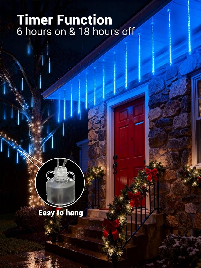 Flacchi Meteor Shower Icicle Lights - 5 Tubes 20" Each 270 LED Cascading Raindrop Lights, Timer Outdoor Waterproof Christmas Decorations for Holiday Party(Blue)