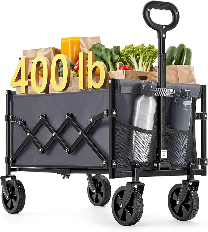 SONGMICS Small Collapsible Wagon with 400 lb Dynamic Weight Capacity, Foldable Wagon Cart, Folding Camp Cart with Wheels, for Outdoor, Yard, 90 L, Slate Gray UGFW909G01