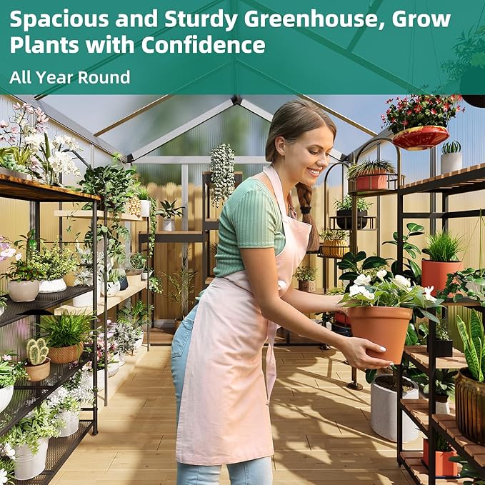 6x8 FT Greenhouse for Outdoors, Aluminum Greenhouse with Quick Setup Structure and Roof Vent, Polycarbonate Greenhouses Heavy Duty, Large Walk-in Green House for Winter Garden, Backyard, Patio, Lawn