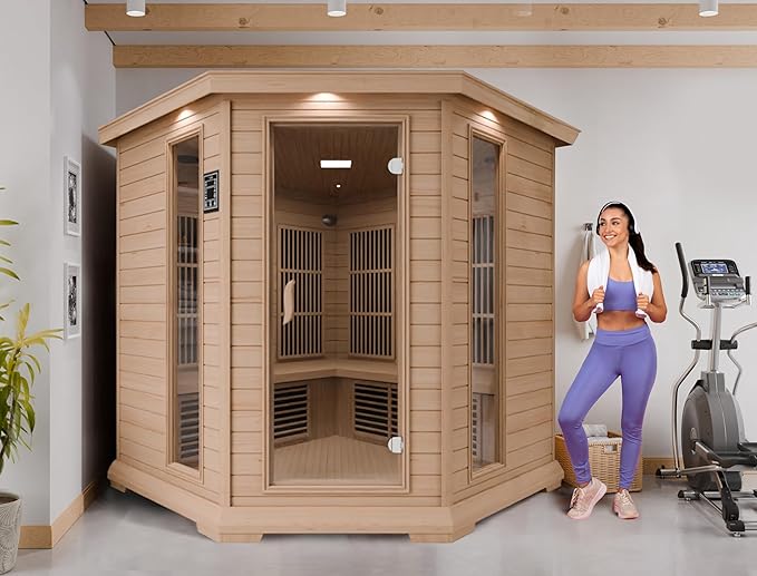 SteamSpa 1-5 Person Low EMF Carbon FAR Infrared Hemlock Wood and Tempered Glass Indoor Home Sauna Room with LED Touch Control Panel, Color LED Therapy Light, Bluetooth Speaker, Oxygen