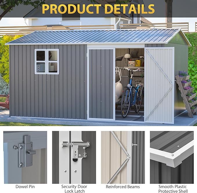 12x10 FT Outdoor Metal Storage Shed, Large Garden Tool Sheds with Lockable Doors, Waterproof Steel Utility Storage Building, Heavy Duty Equipment Shed for Backyard Patio Lawn Garden, Grey