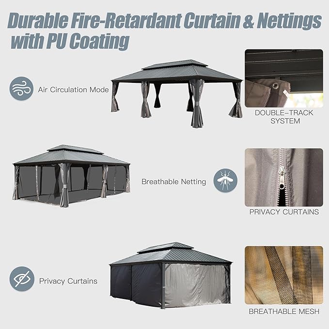 Domi 14' X 24' Hardtop Gazebo Large Outdoor Metal Gazebo Canopy with Galvanized Steel Double Roof, Aluminum Frame, Curtains and Netting for Patio, Deck, Garden, Grey